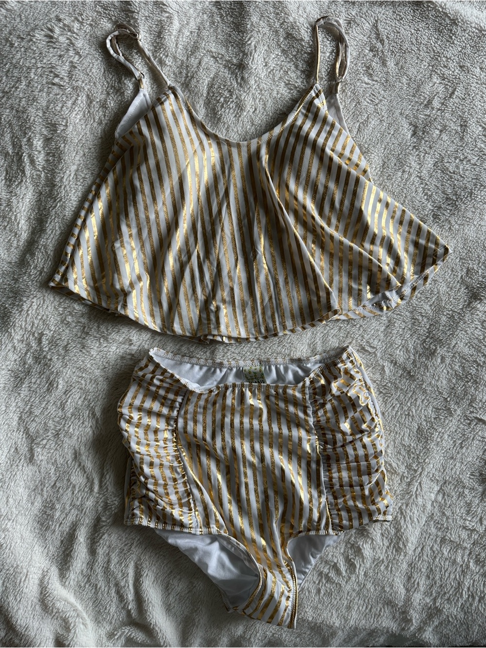 Kortni Jeane White and Gold Metallic Striped swim Set
